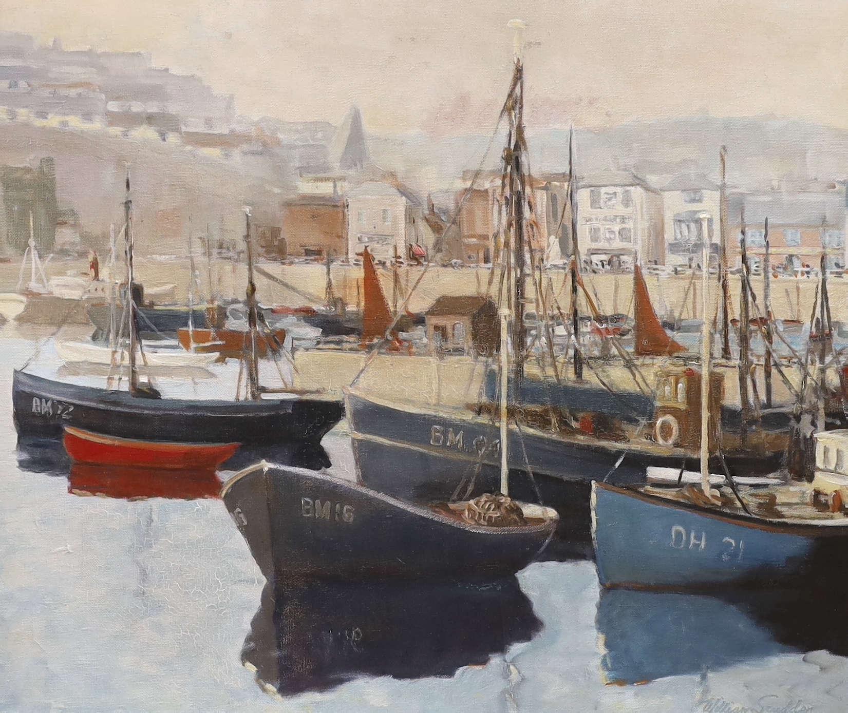 William Scudder (20th. C) oil on canvas, 'Brixham harbour' signed, 59cm x 49cm, ornate gilt frame